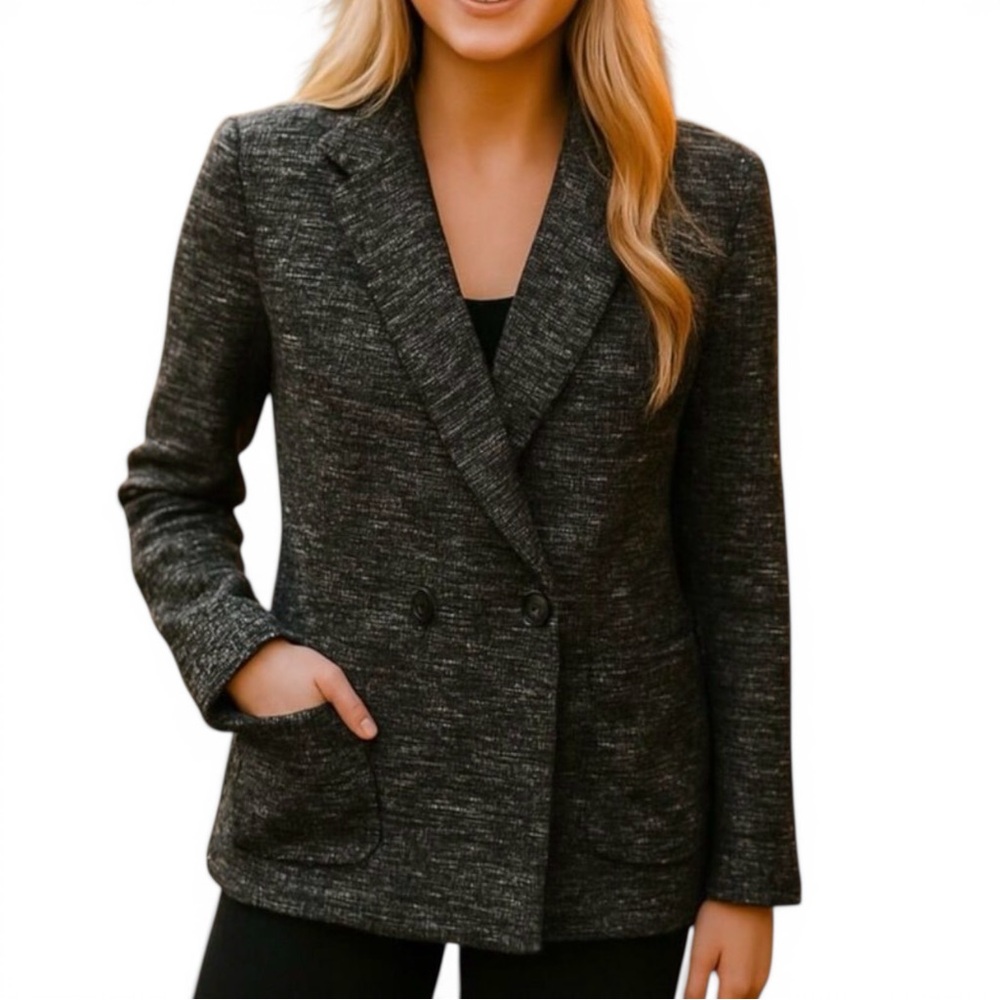 Eileen Fisher Black White Marled Knit Jacket Double Breasted size XS